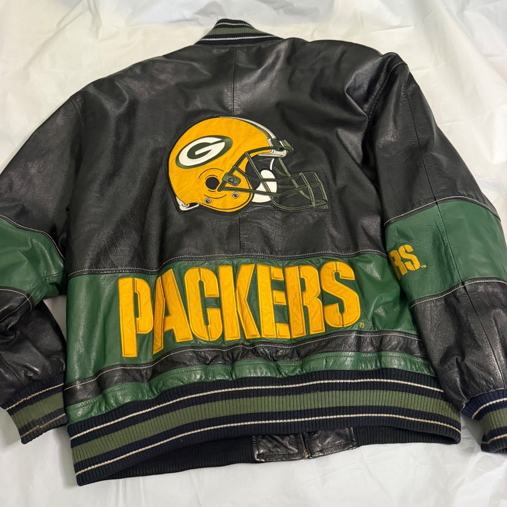 G-III Mens Green Bay Packers Leather Varsity Jacket L Black Green NFL Vintage